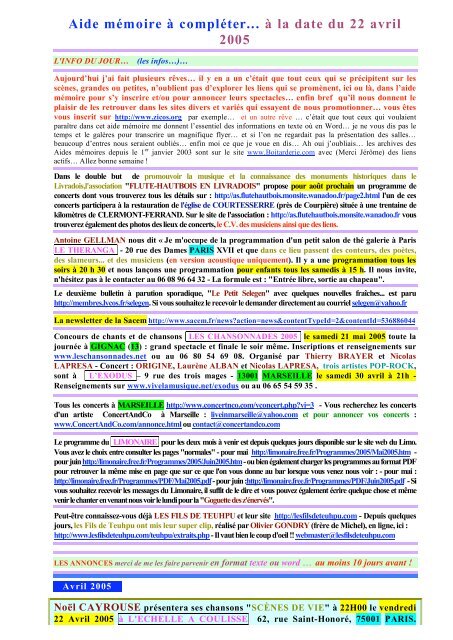Aide mémoire à compléter... à la date du 22 avril 2005