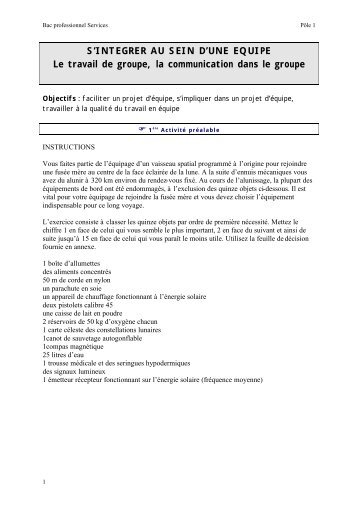 S'INTEGRER AU SEIN D'UNE EQUIPE Le travail de groupe, la ...