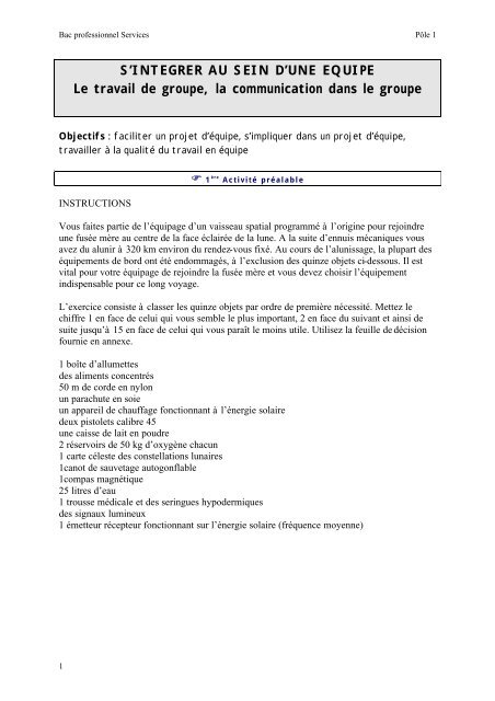 S'INTEGRER AU SEIN D'UNE EQUIPE Le travail de groupe, la ...