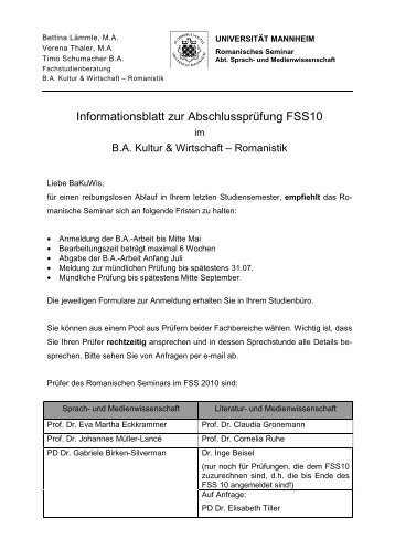 Informationsblatt zur Abschlussprüfung FSS10 - Bachelor Kultur und ...