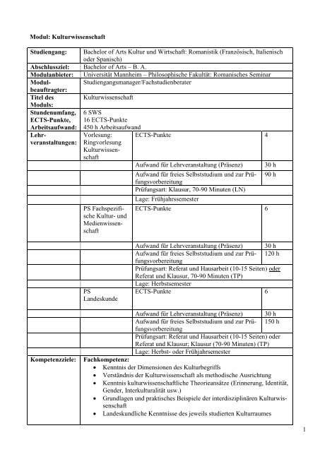 Modulbeschreibungen Spanisch für die PO 2012 - Bachelor Kultur ...
