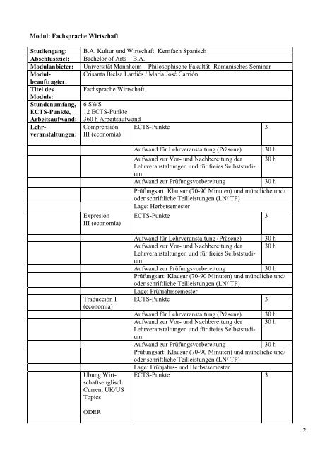 Modulbeschreibungen Spanisch für die PO 2012 - Bachelor Kultur ...