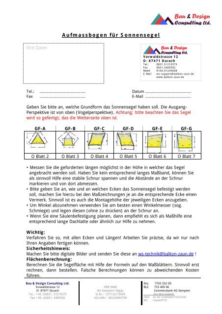 Aufmassbogen für Sonnensegel - Balkon-Zaun.de
