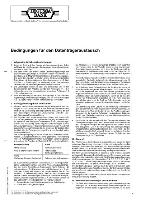 Bedingungen für den Datenträgeraustausch - bei der Degussa Bank