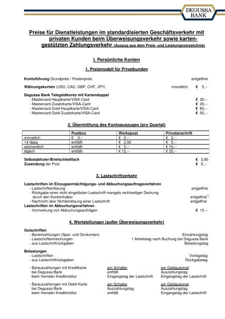 Preis- und Leistungsverzeichnis Auszug 01.09.2012 - bei der ...