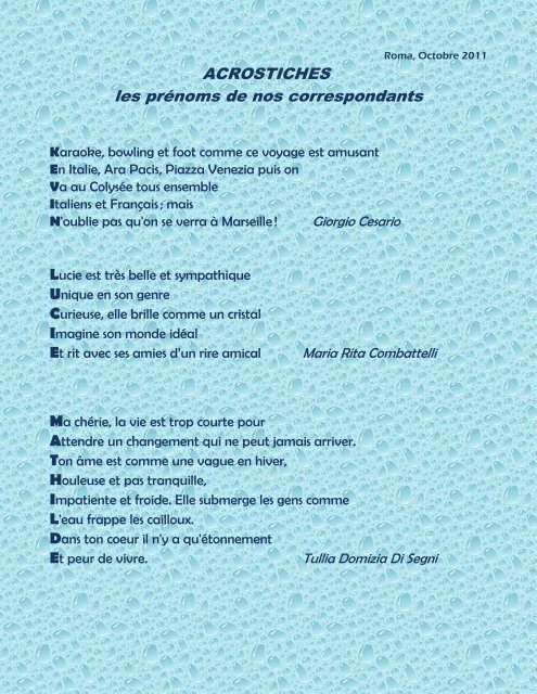 ACROSTICHES les prénoms de nos correspondants