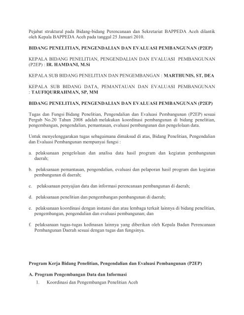 Bidang Perencanaan Pembangunan Evaluasi ... - BAPPEDA Aceh