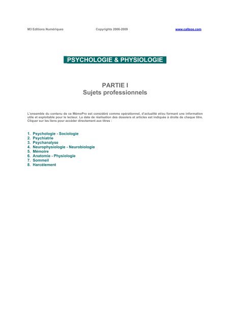 PSYCHOLOGIE & PHYSIOLOGIE PARTIE I Sujets  - Calteos.com