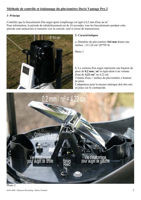 Méthode de contrôle et étalonnage du pluviomètre Davis Vantage ...