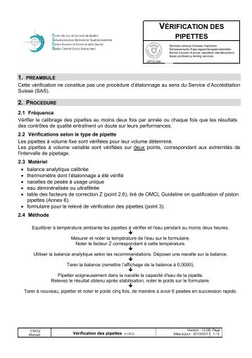 VÉRIFICATION DES PIPETTES - CSCQ