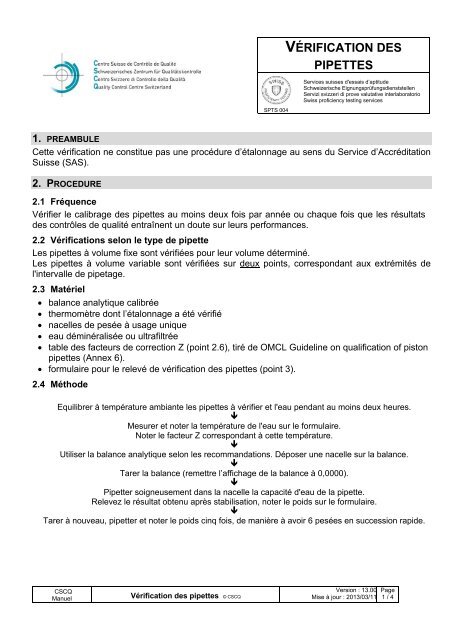 VÉRIFICATION DES PIPETTES - CSCQ