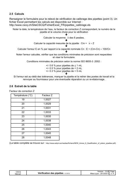 VÉRIFICATION DES PIPETTES - CSCQ