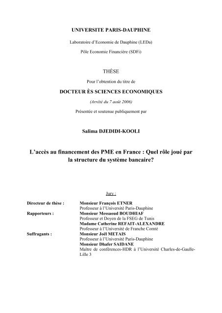 L'accès au financement des PME en France : Quel rôle joué par la ...