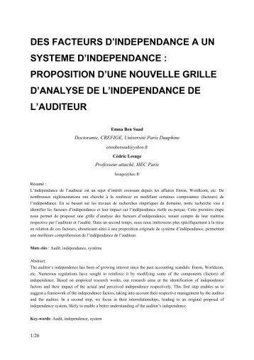 Des facteurs d'indépendance à un système d'indépendance de l ...