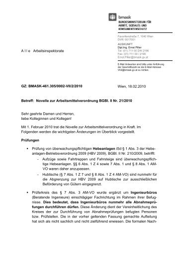 Novelle zur Arbeitsmittelverordnung BGBl. II Nr. 21/2010