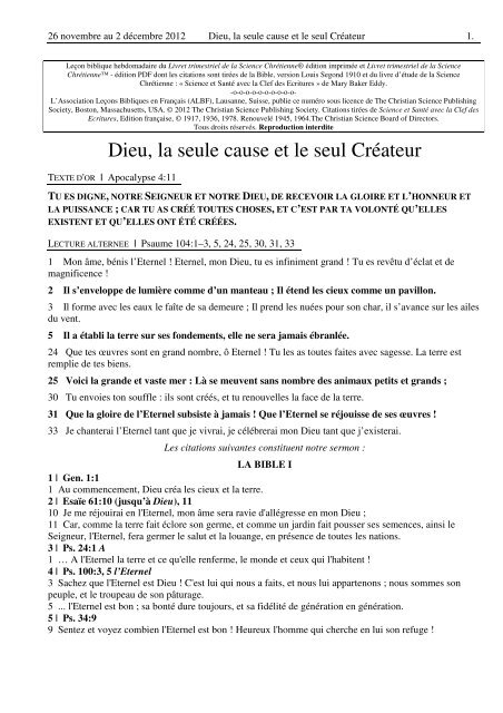 Dieu La Seule Cause Et Le Seul Createur Lecons Bibliques