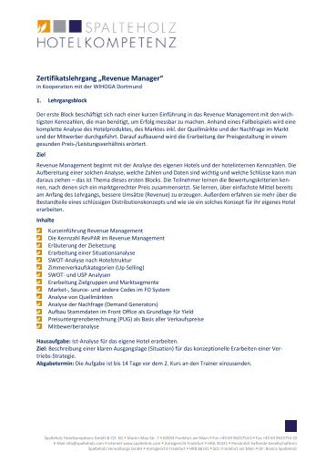 Inhalte und Ablauf Zertifikatslehrgang Revenue Manager