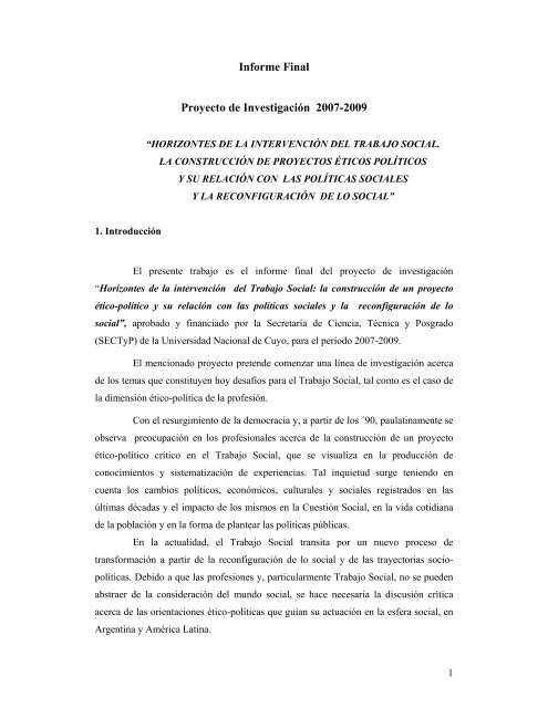 Informe Final Proyecto de Investigación 2007-2009 - Biblioteca ...