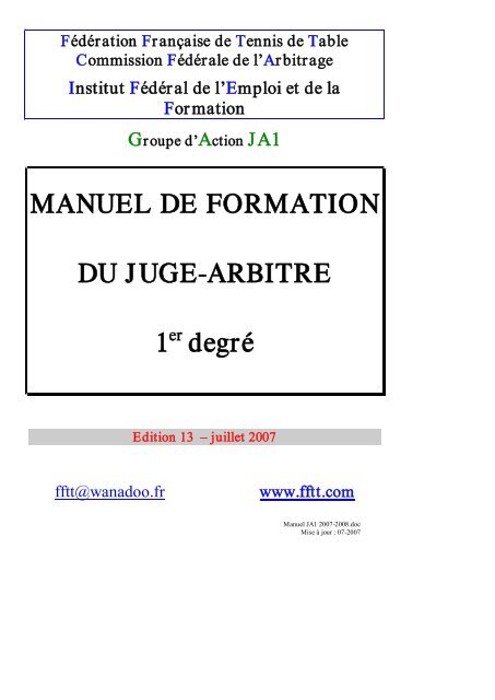 MANUEL DE FORMATION DU JUGE-ARBITRE 1 degré - Comité ...