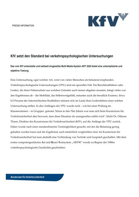 Kfv setzt den Standard bei verkehrspsychologischen Untersuchungen