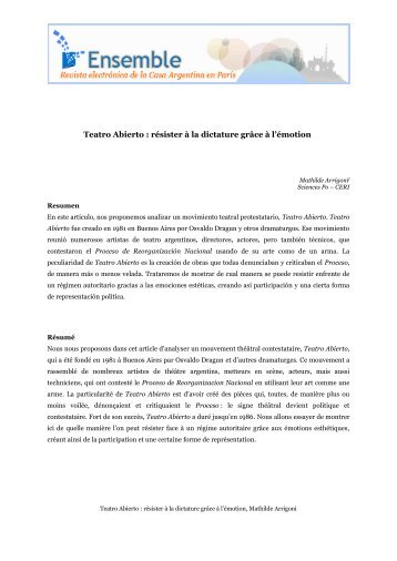 Teatro Abierto : résister à la dictature grâce à l'émotion - Ensemble