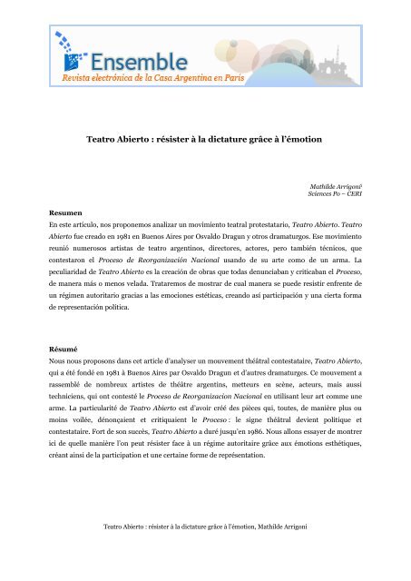 Teatro Abierto : résister à la dictature grâce à l'émotion - Ensemble