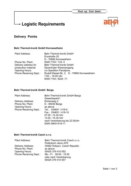Logistic Requirements - Behr Thermot-tronik