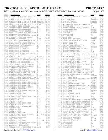 TROPICAL FISH DISTRIBUTORS, INC. PRICE LIST