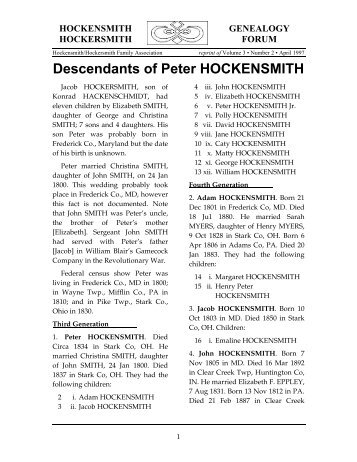 Descendants of Peter HOCKENSMITH - Bellsouthpwp.net