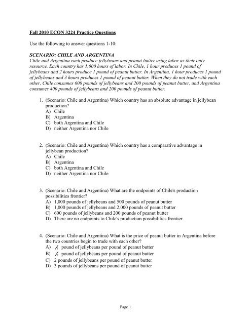 Fall 2010 ECON 3224 Practice Questions Use the following to ...