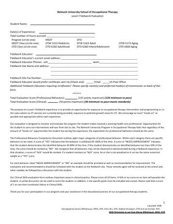 MSOT Level I Fieldwork Evaluation Form-Professional Behaviors