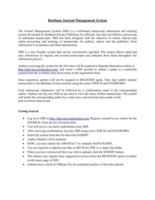 Bentham Journal Management System Bentham Science