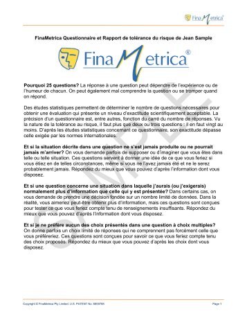 FinaMetrica Questionnaire et Rapport de tolérance ... - Risk Profiling