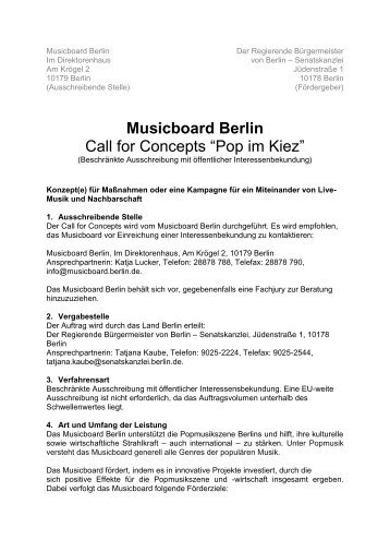 Musicboard Berlin Call for Concepts ?Pop im Kiez? - Berlin.de