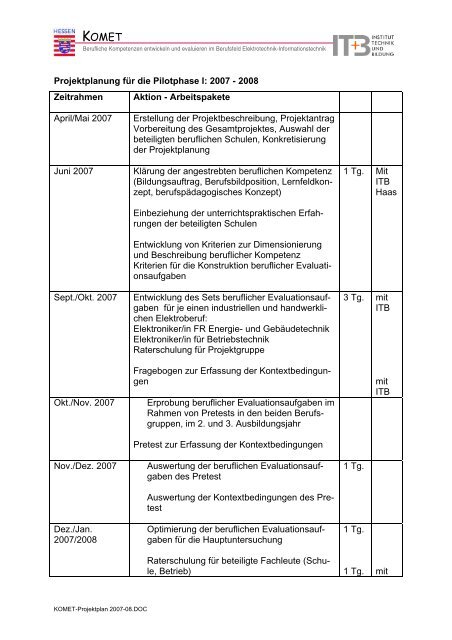 Projektplanung für die Pilotphase I - Berufliche Bildung in Hessen