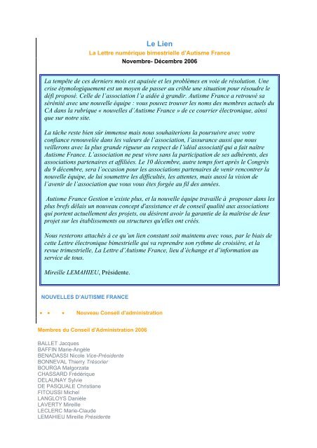 Le Lien 6 Novembre/Décembre 2006 - Autisme France