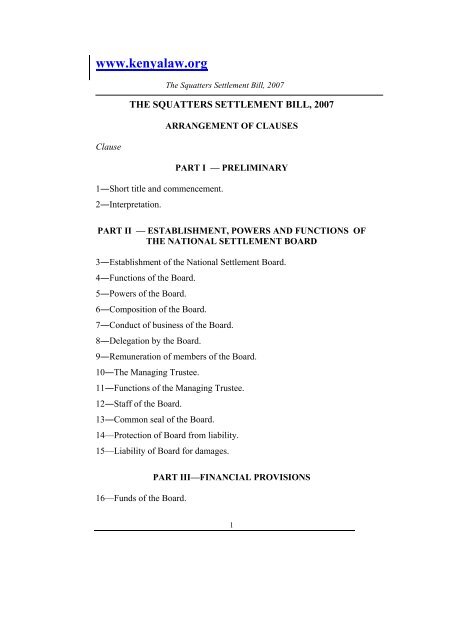 The Squatters Settlement Bill, 2007 - Kenya Law Reports