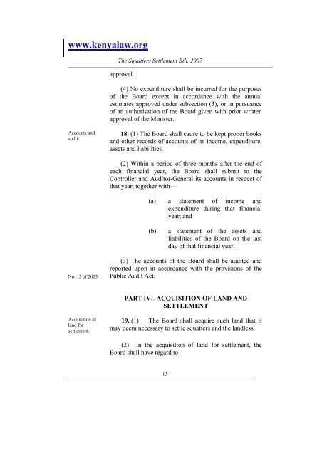 The Squatters Settlement Bill, 2007 - Kenya Law Reports