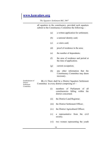 The Squatters Settlement Bill, 2007 - Kenya Law Reports