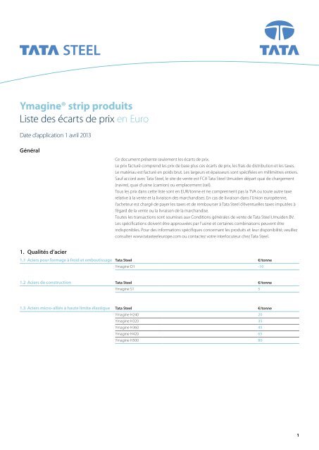 Ymagine® strip produits Liste des écarts de prix en Euro - Tata Steel