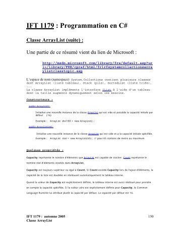 IFT 1179 : Programmation en C# Classe ArrayList (suite)