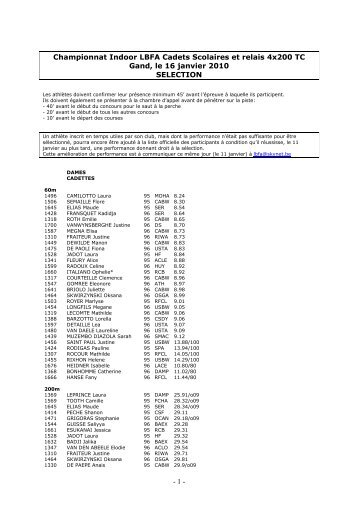 - 1 - Championnat Indoor LBFA Cadets Scolaires et relais 4x200 TC ...