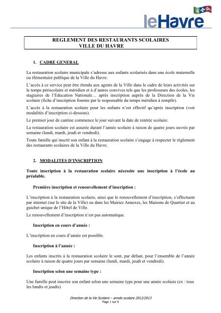 Règlement des restaurants scolaires 2012- 2013 mars ... - Le Havre