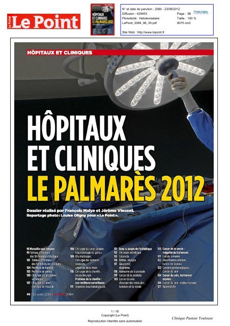 Palmarès des Hôpitaux et Cliniques 2012 - Clinique Pasteur