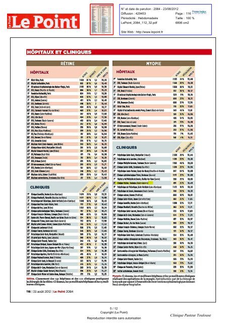 Palmarès des Hôpitaux et Cliniques 2012 - Clinique Pasteur