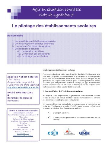 Le pilotage des établissements scolaires - Esen - Ministère de l ...