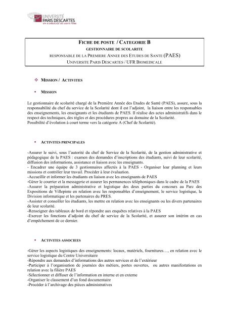 Fiche De Poste Categorie B Le Gestionnaire De Scolarite