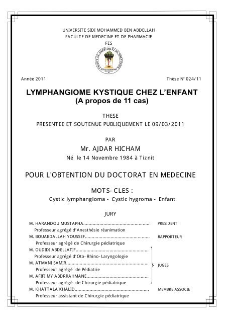 LYMPHANGIOME KYSTIQUE CHEZ L'ENFANT - Faculté de ...