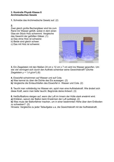 3. Kontrolle Physik Klasse 8 Archimedisches Gesetz 1. Schreibe das ...