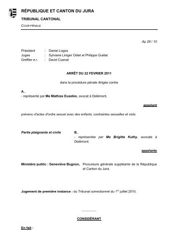 Actes d'ordre sexuel avec des - République et Canton du Jura